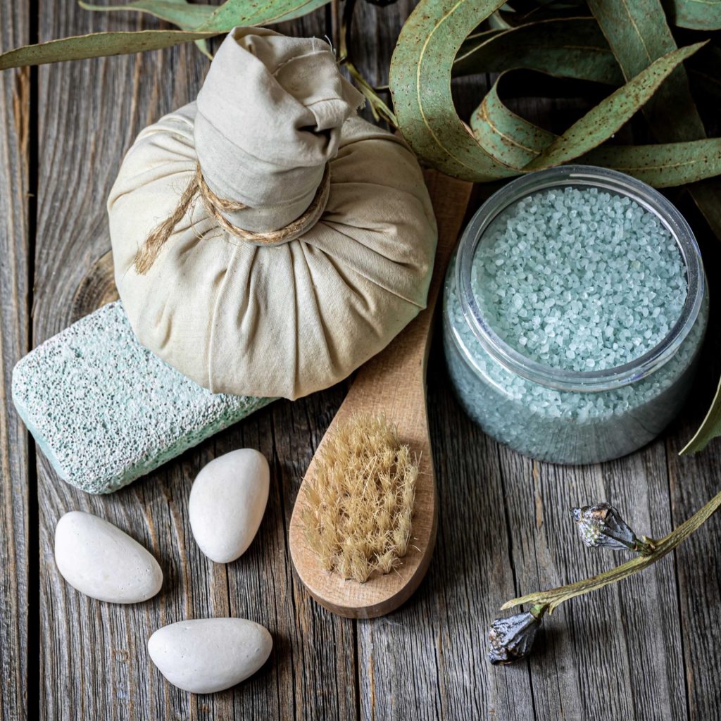 spa composition with body care products wooden background 1